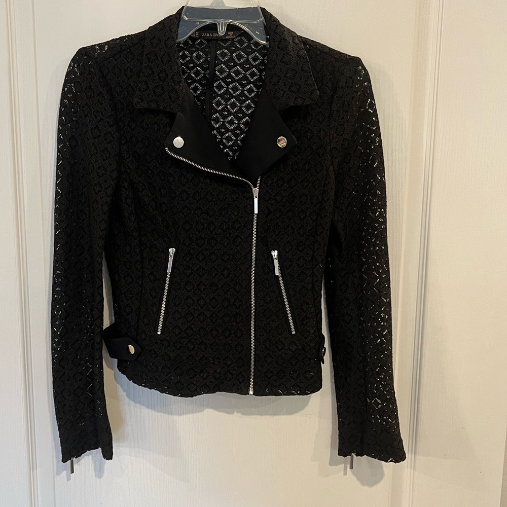 ZARA Black Mesh Lace Asymmetric Zipper Motorcycle Jacket. New without tags. xs
